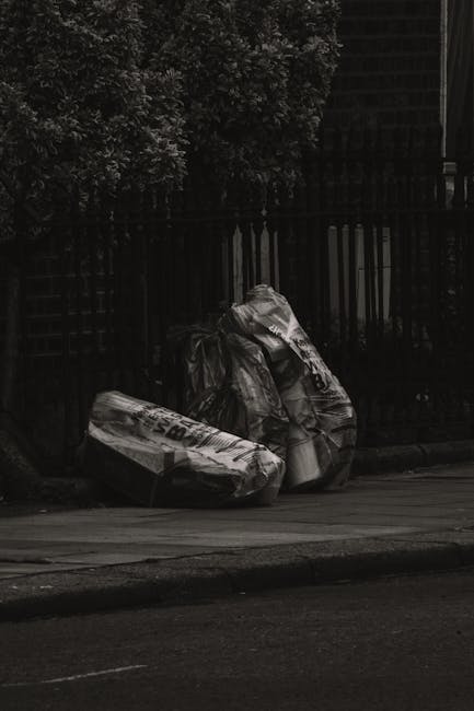 A collection of black plastic rubbish bags and cardboard boxes stacked along the edge of a paved street, with some bags appearing crumpled and leaning against each other. The bags are partially translucent, revealing the contents inside, and are secured at the top with visible twists or knots. The cardboard boxes are flattened and labeled, likely containing packaging waste. In the background, a black metal fence and dense greenery are visible, with shadows cast on the pavement, indicating an outdoor urban environment. The scene suggests an instance of on-site waste collection or private rubbish removal, which may be part of a scheduled cleanup service provided by Rubbish Removal Belsize Park, as they handle local waste disposal outside of public refuse collection. The overall atmosphere appears quiet, typical of a residential or side street setting, emphasizing the importance of proper rubbish disposal and alternative waste handling options in the area.
